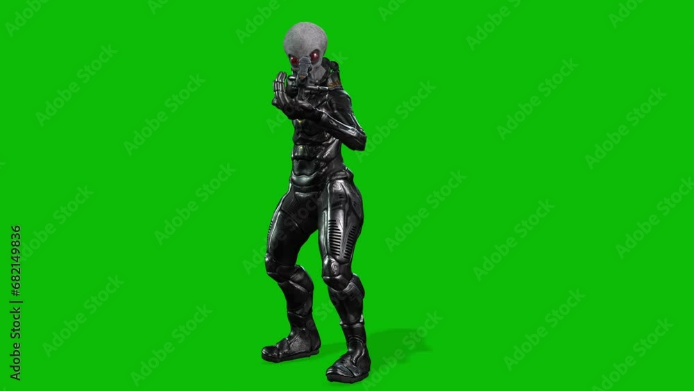 Grey alien wearing a space suit and holding a sci-fi gun aiming on green screen, seamless loop 3D animation, front view Grey alien wearing a space suit and holding a sci-fi gun aiming on green screen, seamless loop 3D animation, front view