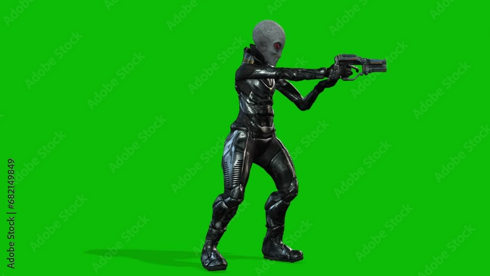 Grey alien wearing a space suit and holding a sci-fi gun aiming on green screen, seamless loop 3D animation, side view Grey alien wearing a space suit and holding a sci-fi gun aiming on green screen, seamless loop 3D animation, side view