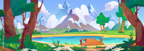 Blue lake with wooden pier and mountain view. Vector cartoon illustration of summer forest trees, flowers and green grass in valley, glacier on snowy Alpine peaks, beautiful scenery for recreation