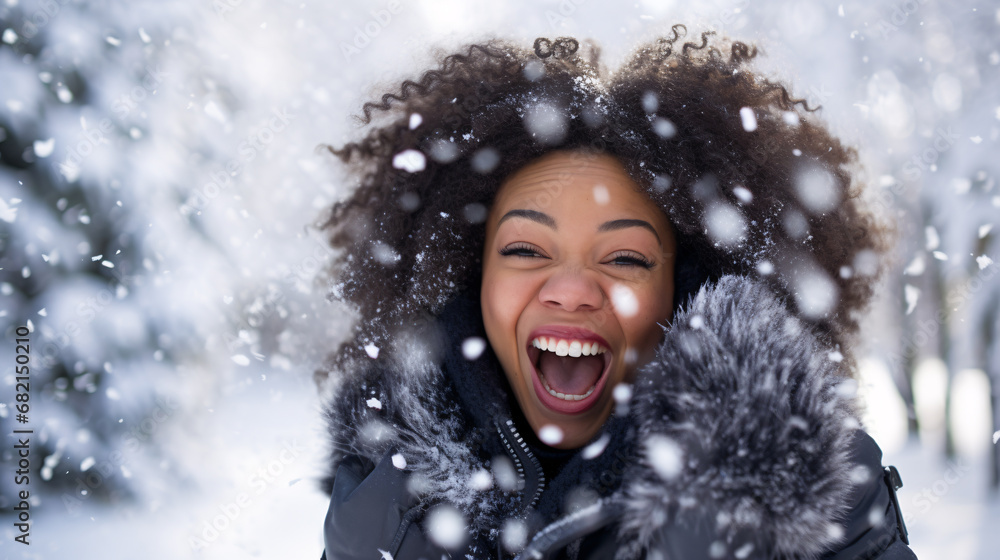 Close up portrait of african american Woman happily screaming into falling snow Close up portrait of african american Woman happily screaming into falling snow