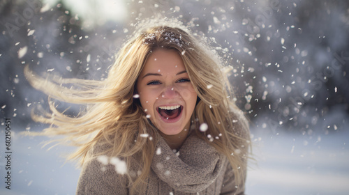 Close up portrait of blond Woman happily screaming into falling snow