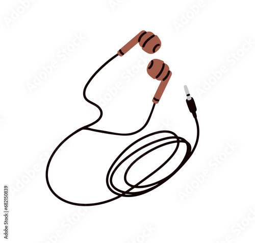 Wired earphones. Earbuds with cable. Portable mobile device, audio accessory for music listening. Ear phones, plugs, compact gadget. Flat vector illustration isolated on white background