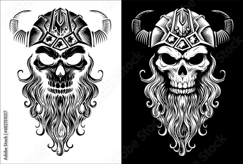 A Viking skull skeleton warrior or barbarian gladiator man mascot face looking strong wearing a helmet. In a retro vintage woodcut style.