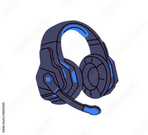 Headset with microphone. Wireless headphones with mic. Cordless earphones with mike, ear pads. Audio and voice, communication device, accessory. Flat vector illustration isolated on white background