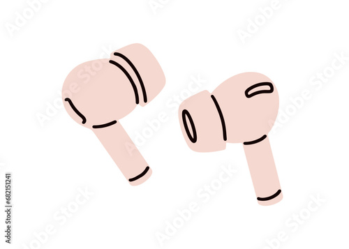 Wireless earbuds. Cordless earphones. Portable mobile earplugs. Modern device, audio accessory for music listening. Ear phones, small buds. Flat vector illustration isolated on white background