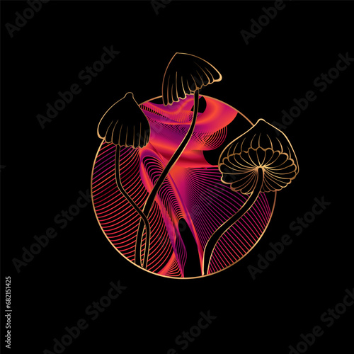 Psilocybin magic mushrooms. Goa trance music, hanging out, shindig, going out, the gang, rave, get together, culture. Hippie Hashish 60s. Print, poster on a round psychedelic background