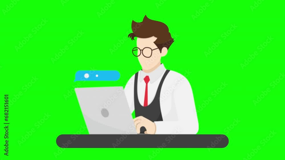 2d animation, Waiter talking in front of laptop, on green screen 2d animation, Waiter talking in front of laptop, on green screen
