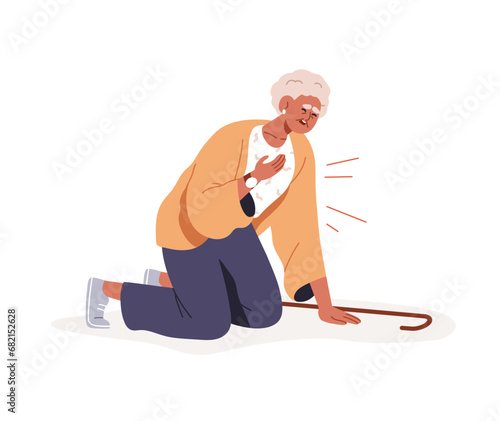 Old woman falls down, falling with heart attack, pain. Senior elderly lady with cardiac seizure, stroke, disease. Aged lady, accident, emergency. Flat vector illustration isolated on white background