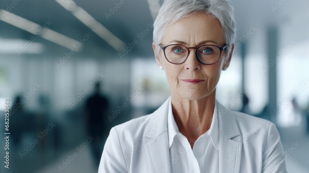 Portrait of a successful old white businesswoman against the office space background with space for text, AI generated Portrait of a successful old white businesswoman against the office space background with space for text, AI generated