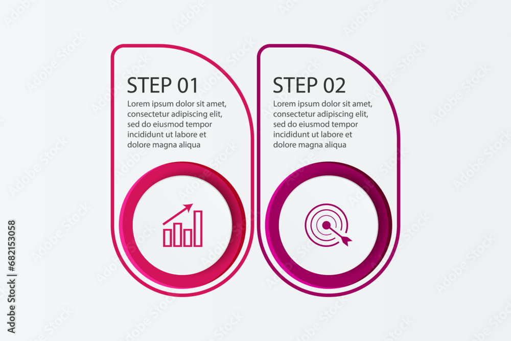 Fototapeta premium Simple infographic 2 parts or options, simple design with circles and square solid lines with colorful colors, icons, text and numbers, for presentations, flow diagrams and your business