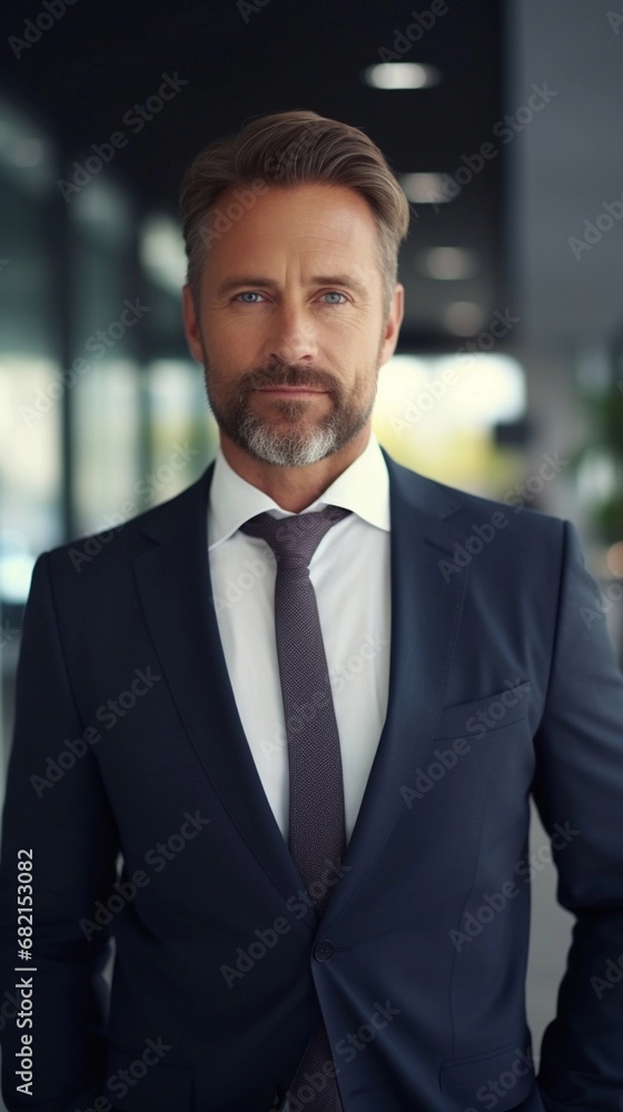 Portrait of a successful white businessman against the office space background with space for text, AI generated