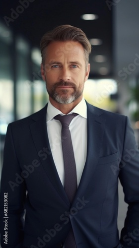 Portrait of a successful white businessman against the office space background with space for text, AI generated © Hifzhan Graphics