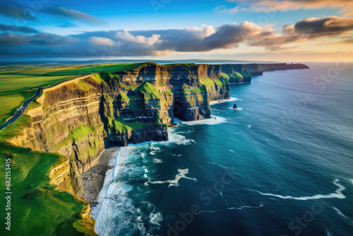 Aerial view of the Cliffs of Moher in Ireland, beautiful blue ocean and green grassy fields