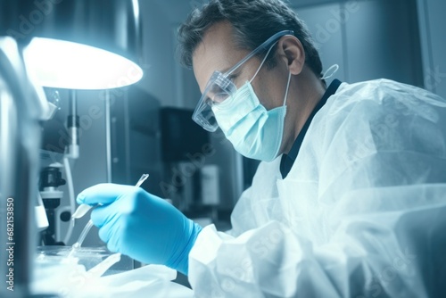 scientist in mask working in laboratory.medicine and science concept
