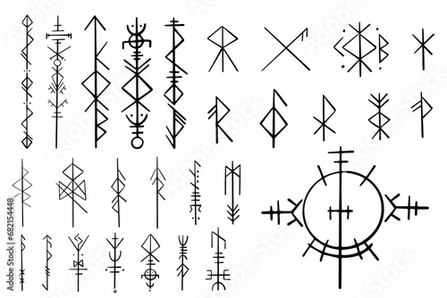 Nordic celtic runes, set norse protection symbols in doodle style, amulet, witchcraft signs on white background.