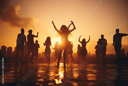 Young people dancing on sunset