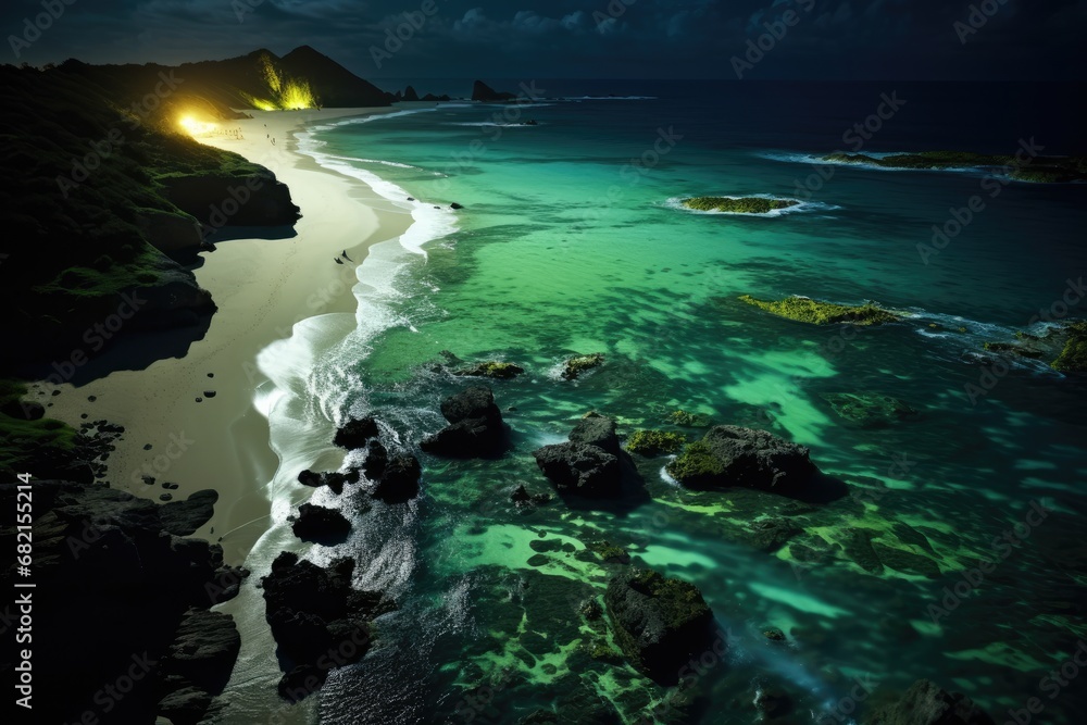 An Aerial Perspective Of Beach At Night, Illuminated By The Mesmerizing Glow Of Bioluminescent Planktonmagical And Mystical Natural Light Phenomenon Aurora Borealis