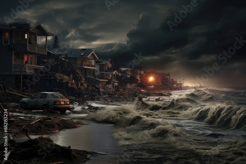 An Apocalyptic Scene Of Tsunami, Tornado, And Dark Stormy Sky