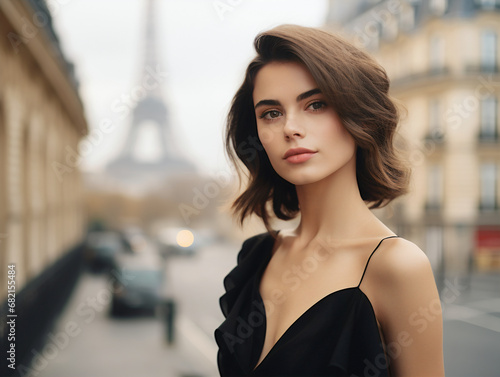 Portrait of beautiful french woman in front of Paris city street on the background