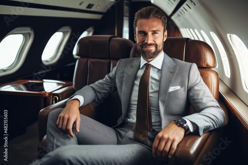 Businessman In First Class Cabin Or Private Jet. Сoncept Luxury Travel, Exclusive Accommodations, Business Class Experience, Private Jet Travel, Upscale Commute © Anastasiia