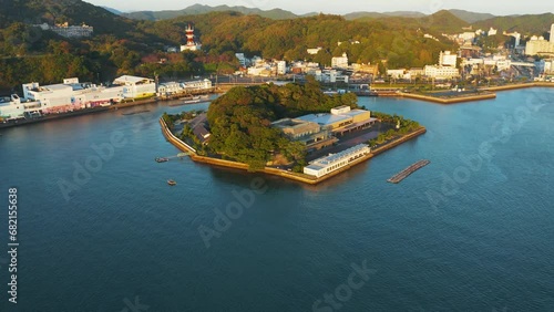 4k Aerial Pan Reveal of Mikimoto Pearl Island and Toba Bay, Mie photo