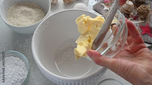 Add soft butter to a mixing bowl - Christmas baking photo