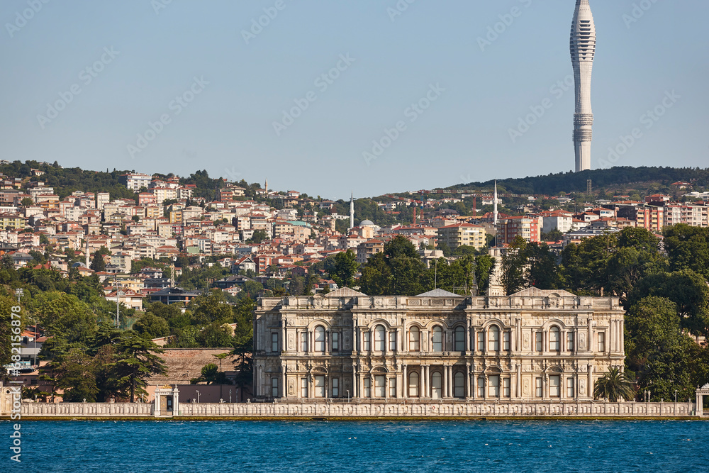 Beylerbeyi Palace, comunication tower and Bosphorus strait. Istanbul, Turkey