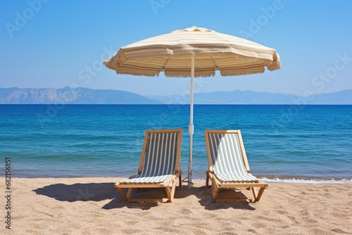 beach loungers under a parasol by the sea © primopiano