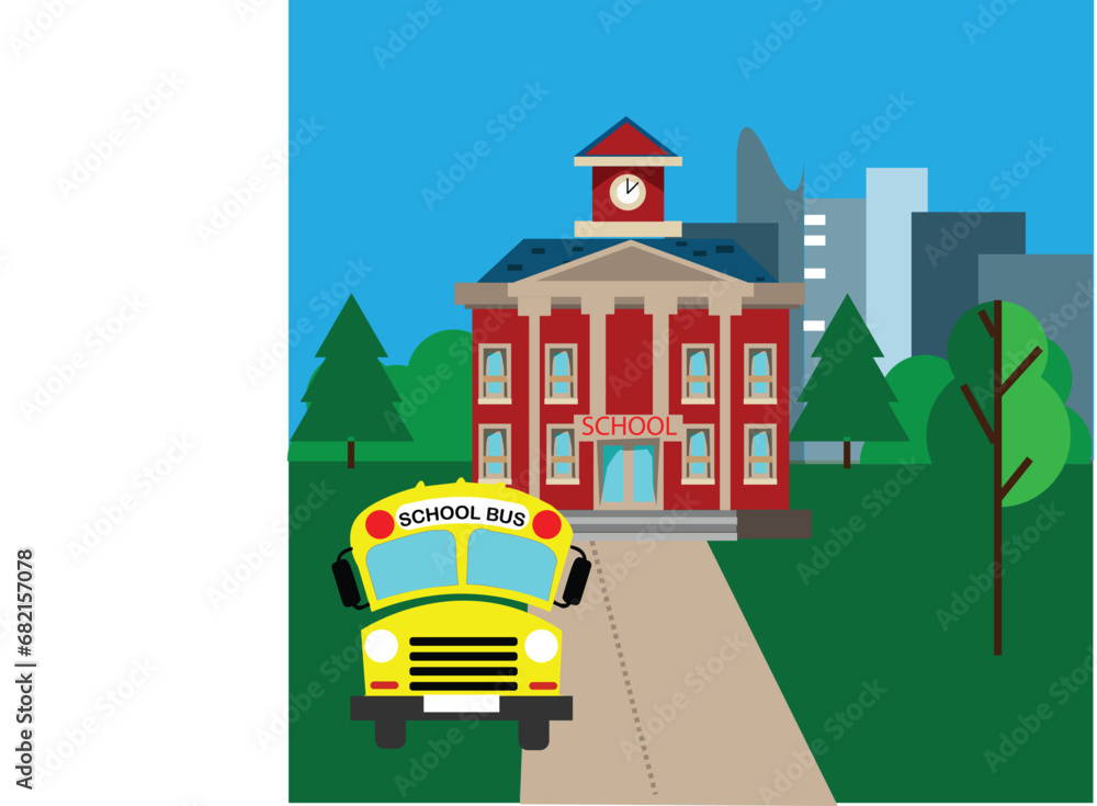 School on a summer day with a green lawn and blue sky. A school yellow bus stands in front of the school on the asphalt road. Vector flat illustration