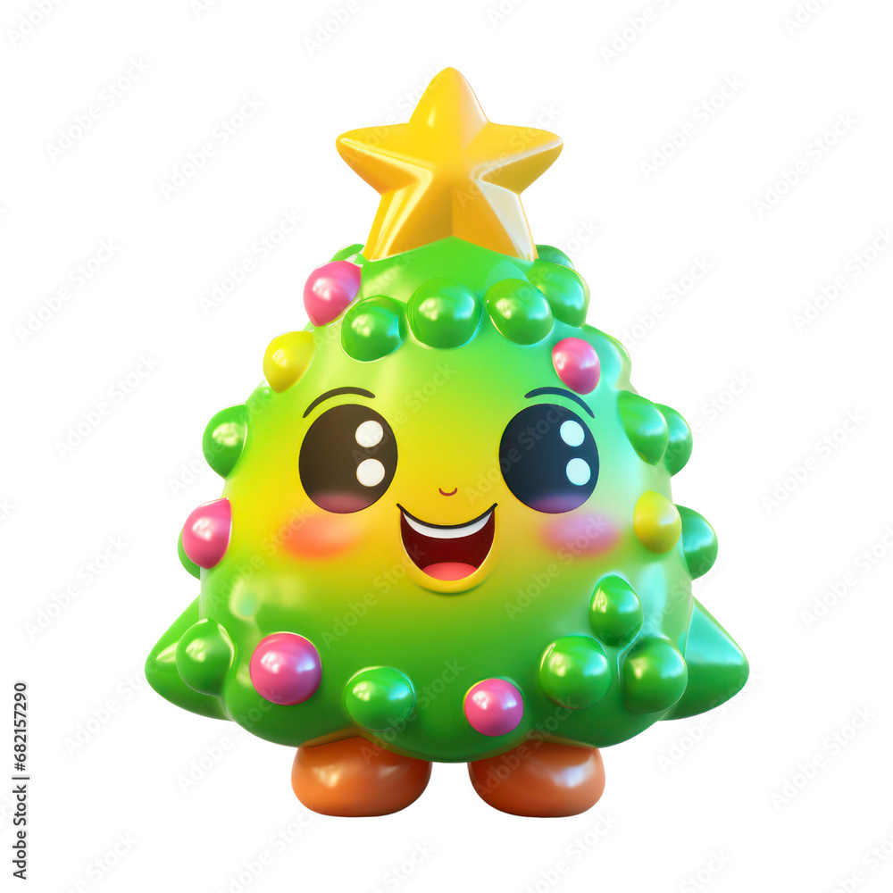 Fototapeta premium character illustration of a kawaii-style Christmas tree, with big, bright eyes and a joyful smile.