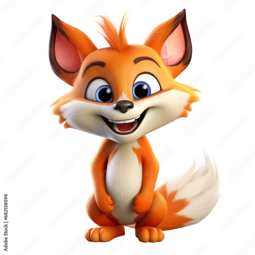 Fototapeta premium mischievous, fox-like creature with bright, cunning eyes and a bushy tail, on an isolated white background.