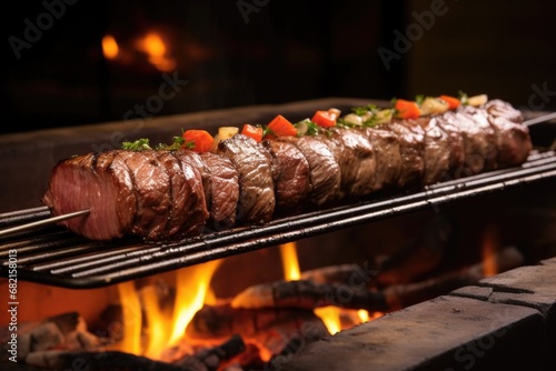brazilian beef skewer on a churrasco grill with hot coals underneath photo