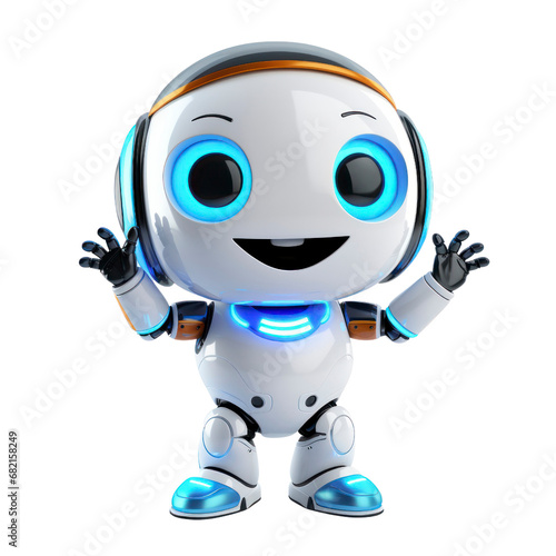 small robot with shiny metallic surface, waving hand, eyes lit up with blue lights, and a friendly digital smile, on isolated white background.