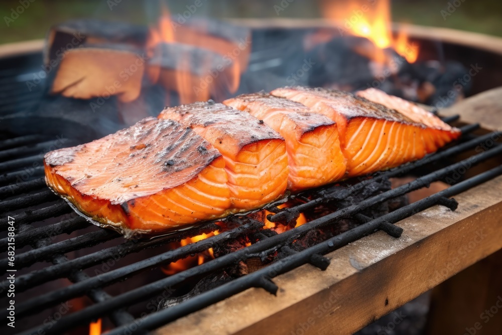 close-up of cedar plank smoked asian salmon close-up of cedar plank smoked asian salmon