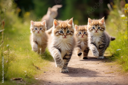 Cute Cat Group Running And Playing. Сoncept Nature Landscape, Golden Hour Lighting, Candid Moments, Architectural Photography, Macro Shots photo