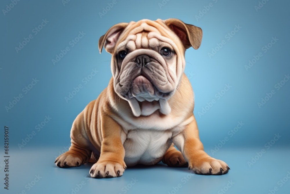 Fat Bulldog Sitting On Blue Background, Expertly Made