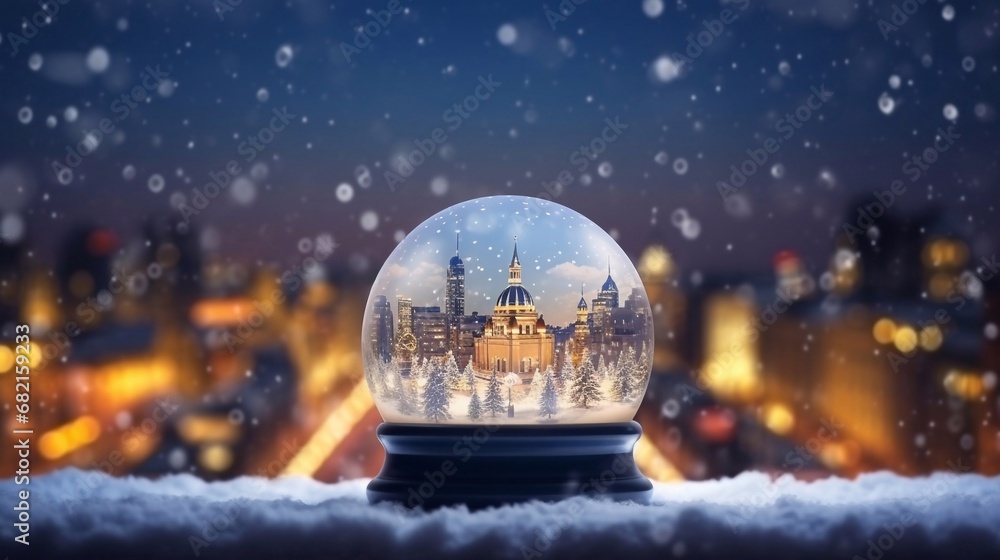Close up of a snow globe with a cityscape of downtown Kyiv in Ukraine. City at night with snow on the ground and background with bokeh effect. Concept of winter, holiday season and Christmas. Close up of a snow globe with a cityscape of downtown Kyiv in Ukraine. City at night with snow on the ground and background with bokeh effect. Concept of winter, holiday season and Christmas.