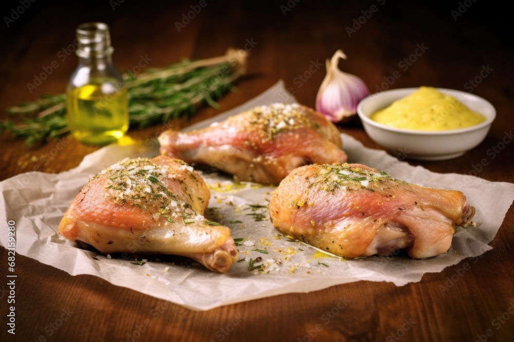 seasoned chicken legs absorbing garlic butter on parchment paper seasoned chicken legs absorbing garlic butter on parchment paper