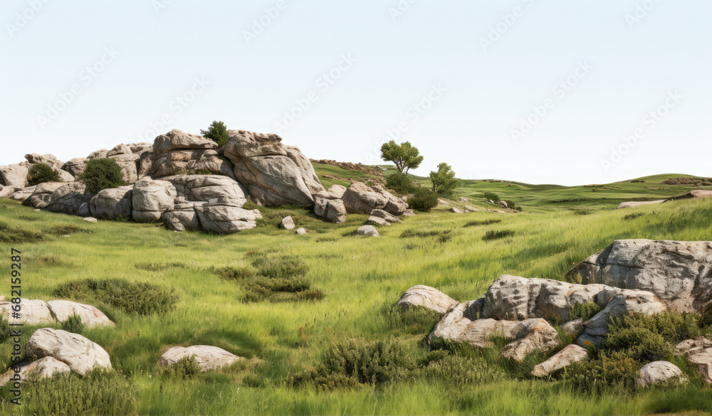 Grass Fields Meadow With Rocks On White Background