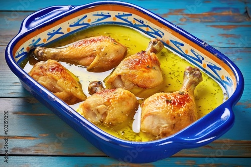 golden chicken legs submerged in melted garlic butter on a blue rimmed dish photo