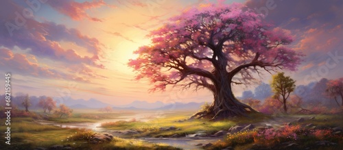 In the serene European landscape, a majestic tree basks in the vibrant colors of spring, its leaves dancing in the gentle breeze, while the sunset paints the sky with a palette of vibrant hues