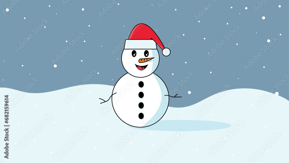 snowman in the snow wearing a santa's hat, vector of a snow in the snow