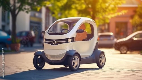 Small electric micro car. Due to the super compact size of the cars, Easily be parked in the big city. Modern eco-friendly urban transport. Tiny and funny modern eco transport. photo
