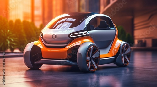 Small electric micro car. Due to the super compact size of the cars, Easily be parked in the big city. Modern eco-friendly urban transport. Tiny and funny modern eco transport. photo