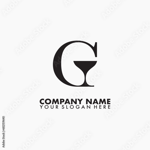 Wine glass and G letter on logo designs vector.