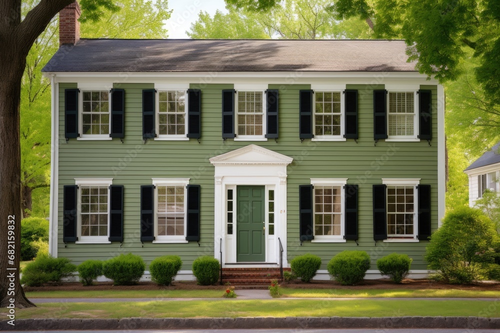 colonial home with forest green shutters and similar front door