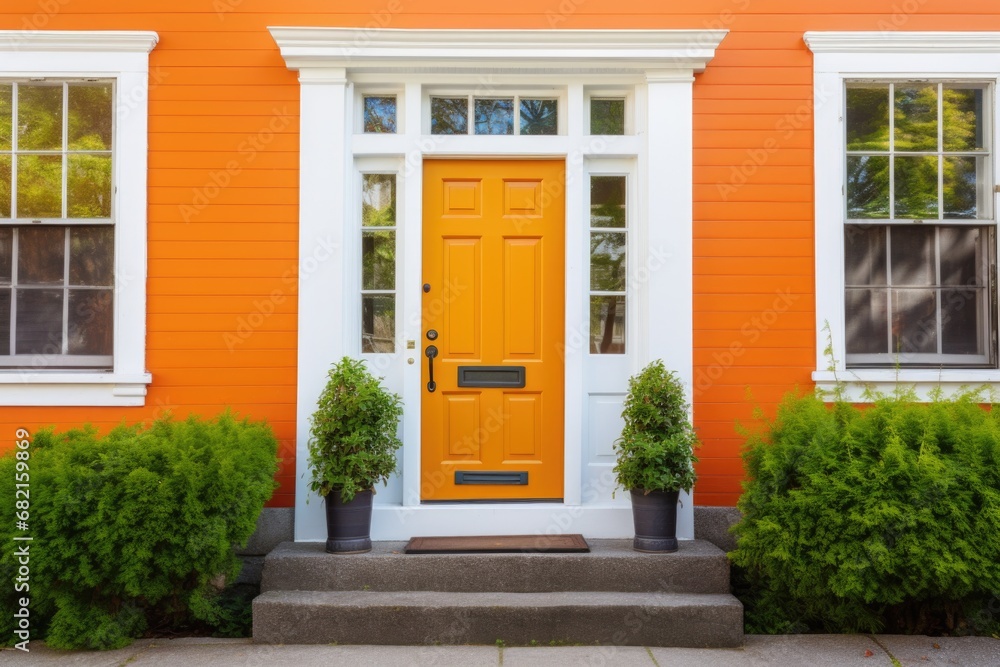 close-up of a colonial houses bright orange central front door