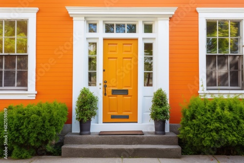 close-up of a colonial houses bright orange central front door © primopiano