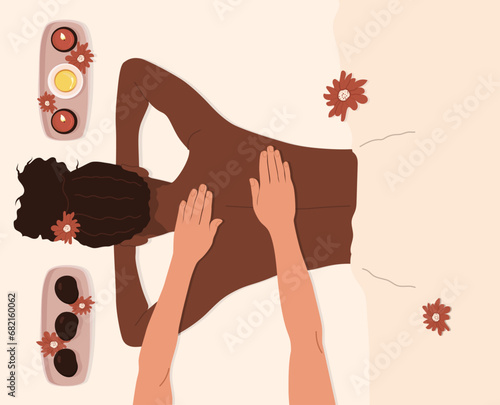 Black woman relaxing at the body massage. Massage in spa center. Healing procedures in health center. Hot stone massage. Top view. Vector illustration 