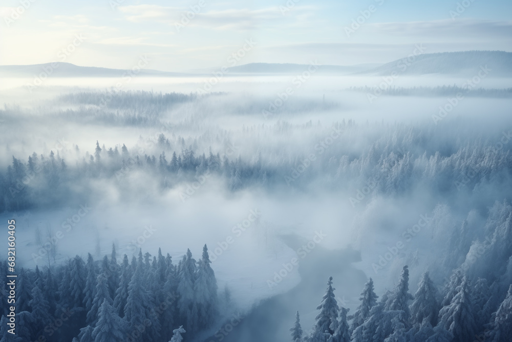 frozen snowy forest landscape with frosty haze, aerial view
